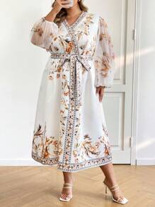 SHEIN CURVE+ CURVE PLUS /Valentine's Day/Elegant Party Occasion & Date Night Plus Size Midi Dress, Crossover V Neck With Belt, Floral Mesh Print, A-Line Flared Skirt, Spring Autumn - Z,Valentines,Rose,Heart,Polka Dot,Love,Lip,Cupid,3D Flower - Multicolor - View 5