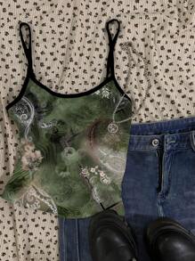 SHEIN EZwear Women's Casual Pattern Print Sexy Camisole Cami, Suitable For Summer Back To School - White - View 3