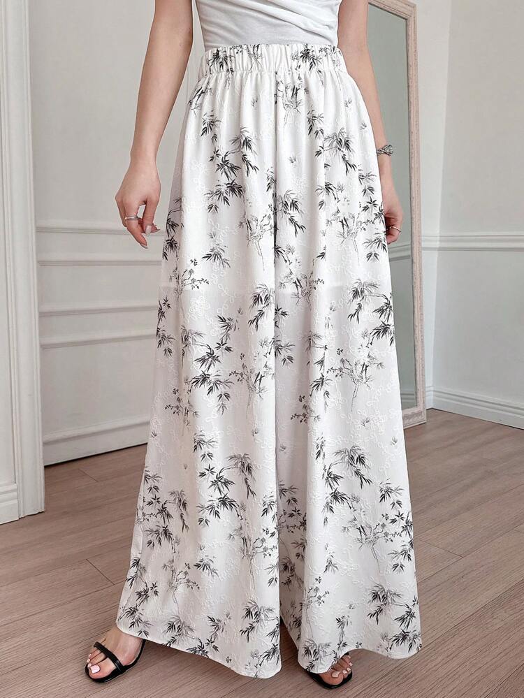 Textured All Over Floral Pattern Loose Wide Leg Pants With Elastic Waist, Elegant Summer Women Trousers,Teacher Pants Boho