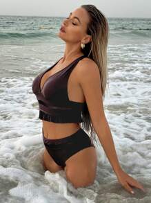 Swim Lushoire Ruffled Hem Elegant Ladies' Deep V Neck Tankini Swimwear For Summer Beach Vacation