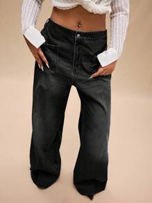 Forever 21 Plus Size Women Distressed Wide Leg Denim Jeans - Black - View 7