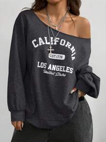 Coolane Áo nỉ một vai họa tiết tên địa điểm thường ngày thu/đông dành cho nữ - Màu xám đen - Xem 3