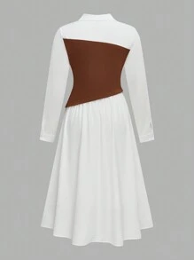 SHEIN Clasi Plus Size Women Color Block Design Woven Fitted Shirt Collar Long Sleeve Spring/Autumn Dress