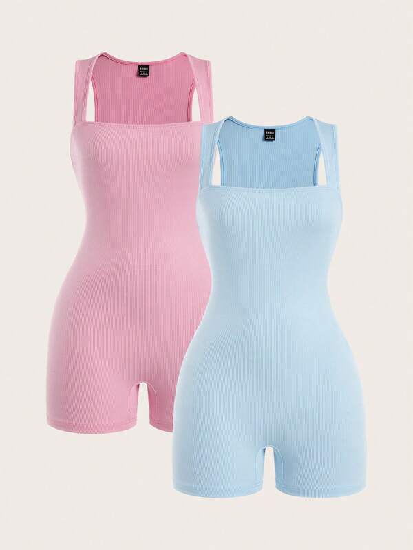 SHEIN BASICS 2pcs/Set Casual Solid Color Knit Jumpsuit, Fitted Convertible Collar Sleeveless For Women