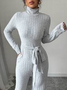 SHEIN LUNE Women's Solid Color Turtleneck Long Sleeve Drawstring Simple Casual Knitted Jumpsuit