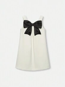 SHEIN Elegantes, minimalistisches ärmelloses, locker geschnittenes Farbblock-Lässig-Kleid mit Schleifendesign, rundem Ausschnitt, mädchenhafter Optik, geeignet für Mädchen im Sommer - Beige - Übersicht 3