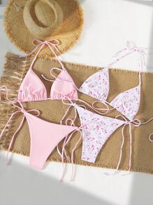 Swim Mod 2 piezas Bikini de mujer de primavera con diseño minimalista para vacaciones en la playa, con parte superior de tirantes y estampado floral ditsy