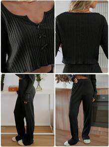 RueChic 2pcs Cotton Contrast Colour Ribbon Detail Homewear Set - Black - View 12