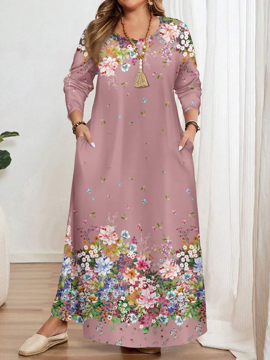 EMERY ROSE 大码休闲波尔卡圆点印花长袖圆领连衣裙，适合秋冬季