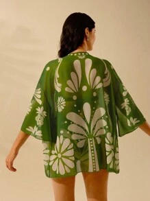 CAJUNI Women's Boho Green Tropical Print Casual Holiday Beach Swim Cover Up Kimono For Summer Beach Vacation