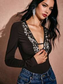 Poéselle Bodyduit de mujer con lentejuelas fruncido, marrón, de manga larga, decoración con cuello brillante, para fiesta, bodyduit de punto, ropa de San Valentín, ropa elegante de mujer para San Valentín, decoración de San Valentín, conjunto de mujer de verano estilo bohemio, cumpleaños, ropa de mujer occidental, festival bohemio, hippie, viejo dinero, estilo bohemio