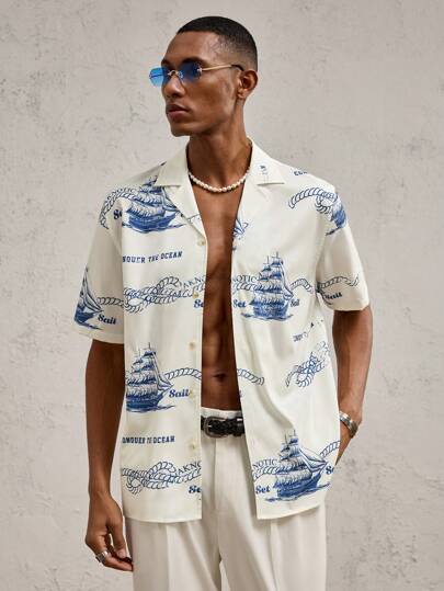 AKNOTIC Business Casual 男士编织图案印花翻领休闲短袖衬衫，适合夏季