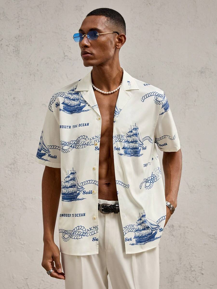 AKNOTIC Business Casual 男士编织图案印花翻领休闲短袖衬衫，适合夏季 - 杏色 - 查看 1