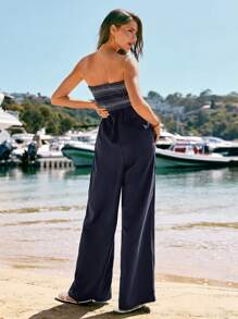 SHEIN VCAY Bộ đồ liền thân không tay in họa tiết đồ họa dành cho nữ Bandeau thường ngày đa năng - Màu xanh hải quân - Xem 3