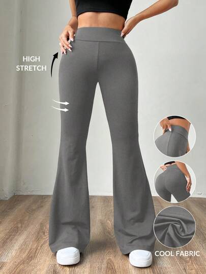 SHEIN EZwear Pantalones entubados acampanados de mujer de punto con estampado floral oscuro en gris