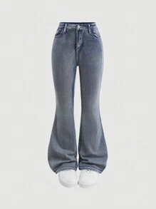 SHEIN Girlism 青少年女孩 Y2K 时尚刺绣串珠石洗牛仔喇叭裤带口袋，女孩秋装返校音乐会服装