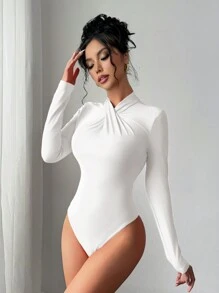 Firerie Autumn/Winter New Elegant Modern Sexy Influencer Casual Homewear Versatile Red Pleated Collar Bodysuit Understyle Bodysuit - White - View 3