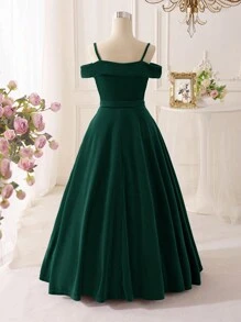 SHEIN Serisse Kids Tween Girl Velvet Elegant Off-Shoulder Dress - Green - View 6