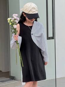 DAZY Tween 女童简约休闲日常衬衫裙 2 件套 - 黑與白 - 查看 1