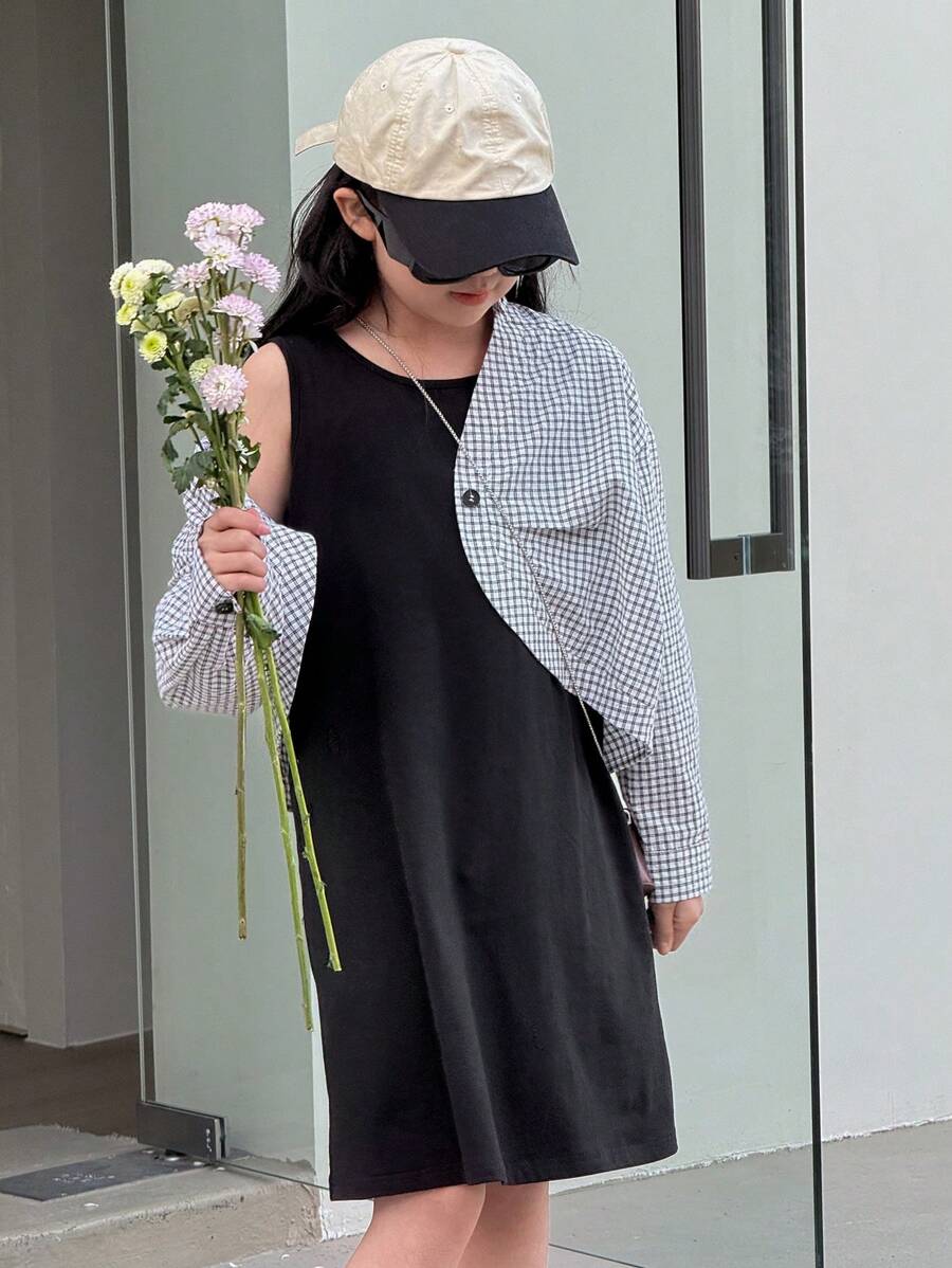 DAZY Tween 女童简约休闲日常衬衫裙 2 件套 - 黑與白 - 查看 1