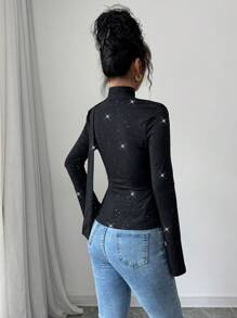 Elenzga Camiseta de mujer de punto con cuello alto y brillos de nueva moda