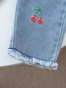 2pcs Baby Girl Autumn Winter New Casual Cute Fun 2 In 1 Waffle Shirt Top With Cherry Fruit Embroidery And Denim Pants Set