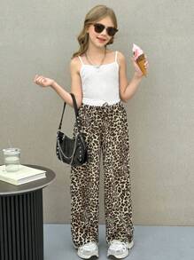 SHEIN Tween Girls Casual Streetwear Knit Camisole + Leopard Print & Ditsy Floral Wide Leg Pants 2 Pieces Set - Multicolor - View 1