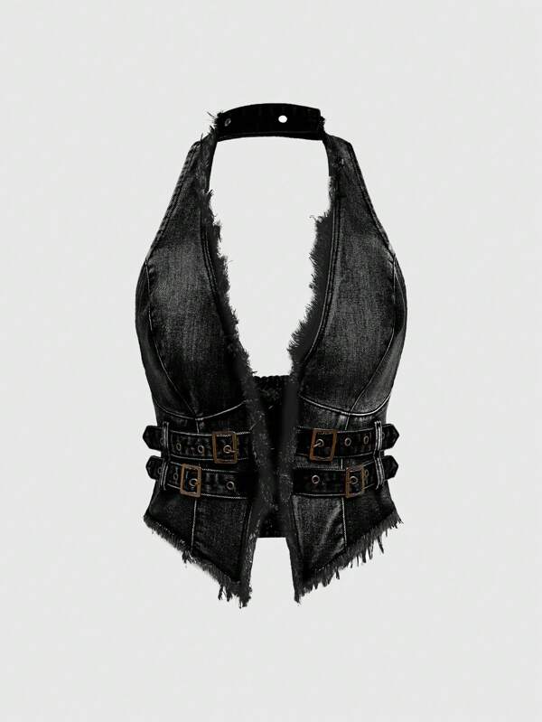 ROMWE Hippie Women's Neckline Fringed Trim Fitted Denim Blouse, Casual Everyday Wear