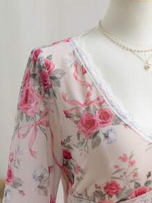 Soleia Plus Size Women's Resort Spring V-Neck Floral Print Mesh Ruffle Trim Flare Long Sleeve Mini Dress - Multicolor - View 8