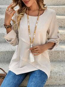 EMERY ROSE Women's Round Neck Asymmetrical Hem Blouse - Khaki - View 5