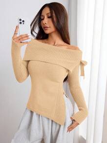 SHEIN Unity Women's Elegant Off Shoulder Split Knit Sweater, Casual For Autumn/Winter Knit Pullover Fall Sweater - Apricot - View 4