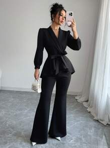 INAWLY Set de 2 piezas con chaqueta de manga farol de unicolor y pantalones anchos de pierna ancha, estilo elegante de oficinista