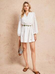 Poéselle 白色刺绣连衣裙，长袖连衣裙，女式纯色系带灯笼袖刺绣休闲迷你连衣裙，波西米亚风连衣裙，精致优雅，波西米亚风格，适合日常、街头、假日、音乐节穿着 - 白色 - 查看 2