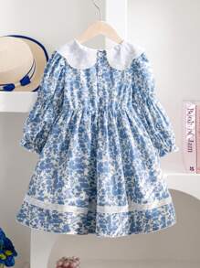 SHEIN Elladie kids Young Girl Cute Elegant Ditsy Floral Lace Collar, Ruffle Puff Sleeve Fashion Dress, Suitable For Resort, Daily Family Gathering, Spring/Summer - Blue - View 7