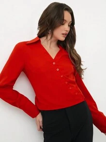 Flirla Blusa de manga larga ajustada con cuello en V y calado, atuendo de oficina de moda para mujer