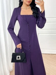Modelyn Vestido morado de estilo árabe de manga larga y cuello cuadrado elegante y de unicolor para mujer - Morado - Ver 3
