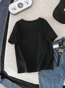 BATMAN X SHEIN Young Boy Casual Bat Print Short Sleeve Round Neck T-Shirt, Suitable For Summer