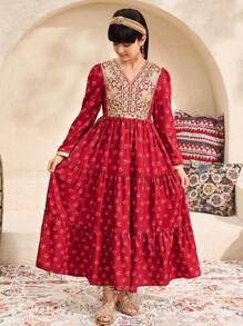 SHEIN Tween Girl Holiday Style Round Neck Print Long Sleeve Dress - Red - View 3