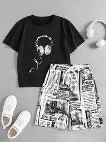 SHEIN 2pcs/Set Tween Boy Black T-Shirt & White Graphic Print Shorts, Casual Outfit