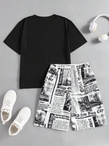 SHEIN 2pcs/Set Tween Boy Black T-Shirt & White Graphic Print Shorts, Casual Outfit