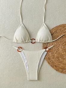 Swim SXY Conjunto de bikini sexy de tirantes de espagueti con anillo redondo de decoración en tela jacquard de unicolor para mujer, atuendos de playa