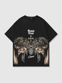 ROMWE MEN Goth Men's Jesus Cross Graphic Print Short Sleeve T-Shirt, Suitable For Spring And Summer - Black - View 1