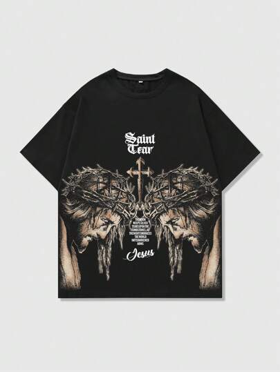 ROMWE MEN Goth Men's Jesus Cross Graphic Print Short Sleeve T-Shirt, Suitable For Spring And Summer