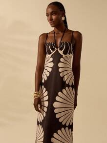 CAJUNI Women's Vacation Casual Summer Boho Shell Patterned Black And Beige Print, Spaghetti Strap Hollow Tie Up Spaghetti Strap Slit Dress - Multicolor - View 4