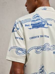 AKNOTIC Business Casual 男士编织图案印花翻领休闲短袖衬衫，适合夏季 - 杏色 - 查看 2