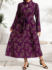 Mulvari Plus Size Casual Full Print Shirt Dress For Spring & Autumn, Elegant A Line Dresses, For Casual Daily/Travel/Work/Party