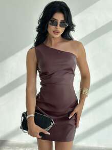 SHEIN Privé Jesień/zima Nowa Elegancka Szykowna Moda Commuter Design Seksowna Klubowa Czerwona Asymetryczna Ramiona Marszczona Talia Dopasowana Mini Sukienka Walentynki