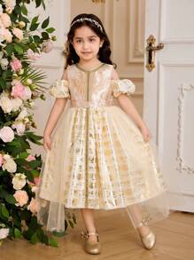 Glamorique Kids Vestido de fiesta azul de jacquard sin mangas elegante para niña, de tela con textura de alta calidad, vestido de princesa con tul sofisticado, adecuado para fiestas de lujo, actuaciones y ocasiones especiales - Albaricoque - Ver 3