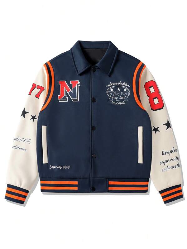 Manfinity LEGND Men's Plus Size Color Block Letterman Jacket With Graphic Print And Button Closure