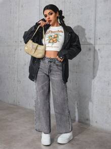 SHEIN PETITE Casual Distressed Straight-Leg Denim Jeans - Light Grey - View 5